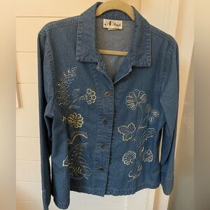 Embroidered Denim Jacket womens L with yellow and white details.